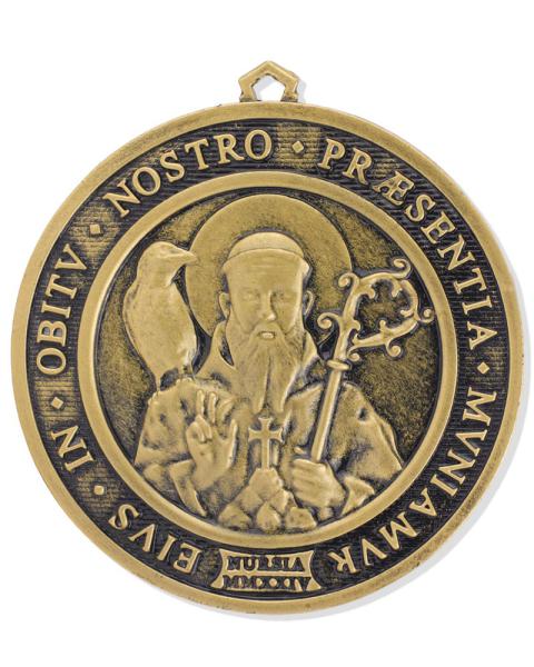 St. Benedikt Medaille 10 cm Ø Messing patiniert