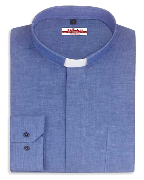 Collarhemd Leinen Langarm Mittelblau