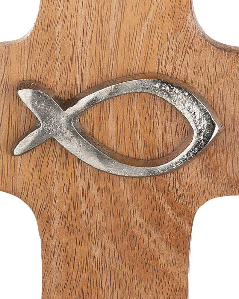 Wandkreuz Mangoholz 1,5 x 13 x 19 cm Fisch silber