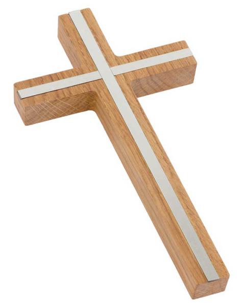 Holzkreuz Eiche, 10 x 22 cm mit silberfarbiger Einlage