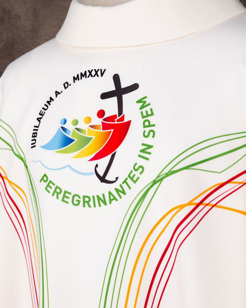 Kasel weiß  " Peregrinantes in Spem" 130 cm lang