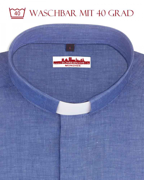 Collarhemd Leinen Langarm Mittelblau