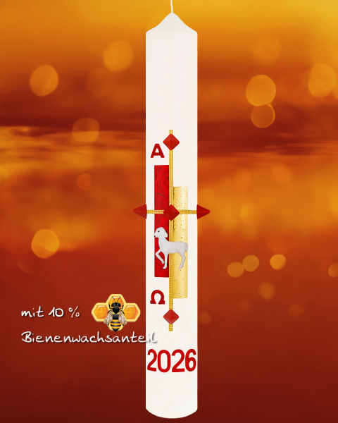 Osterkerze "Gloria" rot & gold mit Lamm 600 x 80 mm