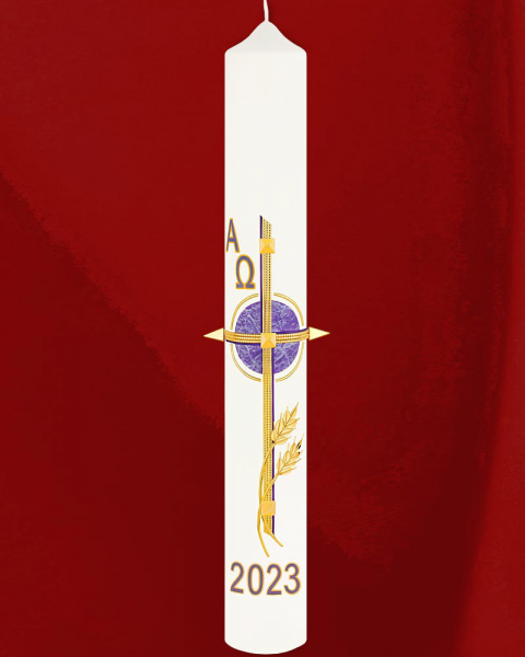 Osterkerze 600 x 80 mm RAL violett, Kreuz mit Ähren