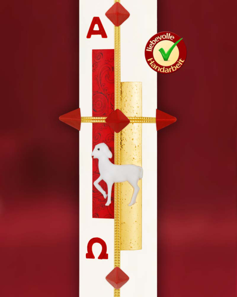 Osterkerze "Gloria" rot & gold mit Lamm 600 x 80 mm