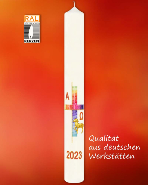 Osterkerze 800 x 80 mm mit Osterlamm, Kreuzdekor