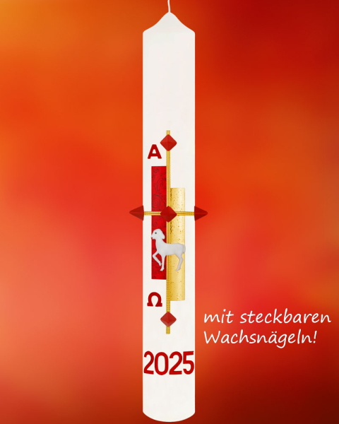 Osterkerze "Gloria" rot & gold mit Lamm 600 x 80 mm