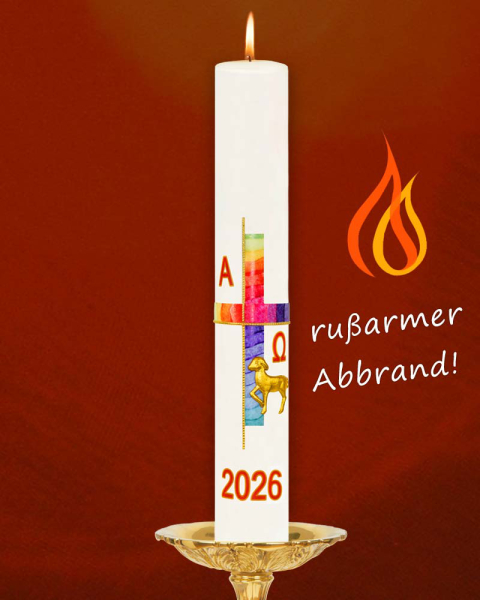 Osterkerze 600 x 80 mm mit Osterlamm, Kreuzdekor