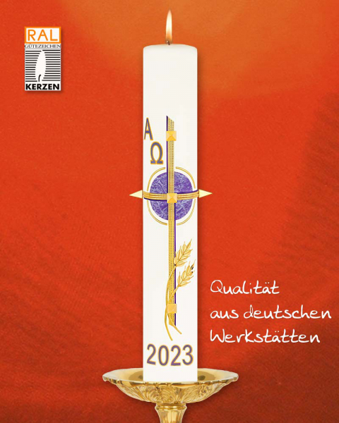 Osterkerze 600 x 80 mm RAL violett, Kreuz mit Ähren
