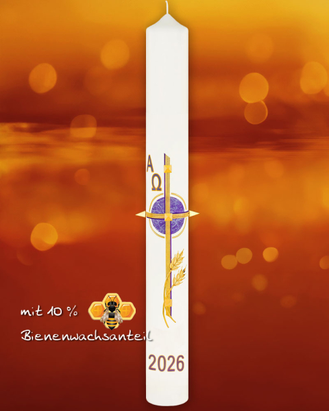 Osterkerze 800/80mm, violett, Kreuz mit Ähren schlicht