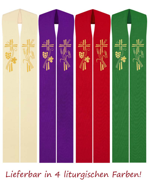 Priesterstola gestickt Kreuz,  Trauben und Ähren, grün