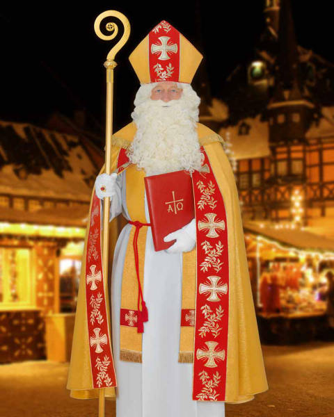 Nikolaus-Rauchmantel gold mit Kreuzsymbol und Olivenzweig