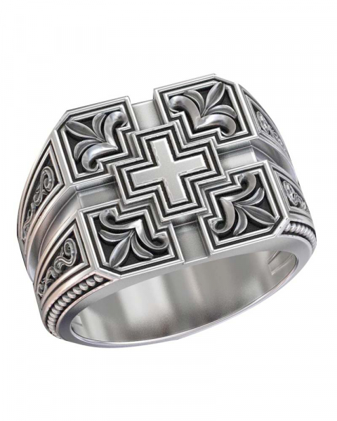 Ring, 4 Lilien und Kreuz, versilbert oxidiert