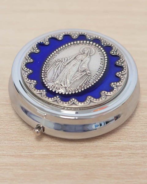 Rosenkranz Dose Madonna 4,6 cm Ø blauer Email