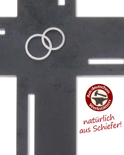 Schieferkreuz 23 x 15 cm mit Edelstahl-Eheringen