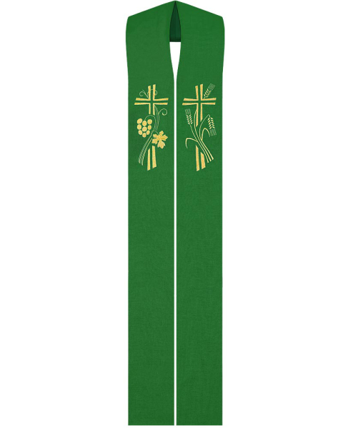 Priesterstola gestickt Kreuz,  Trauben und Ähren, grün