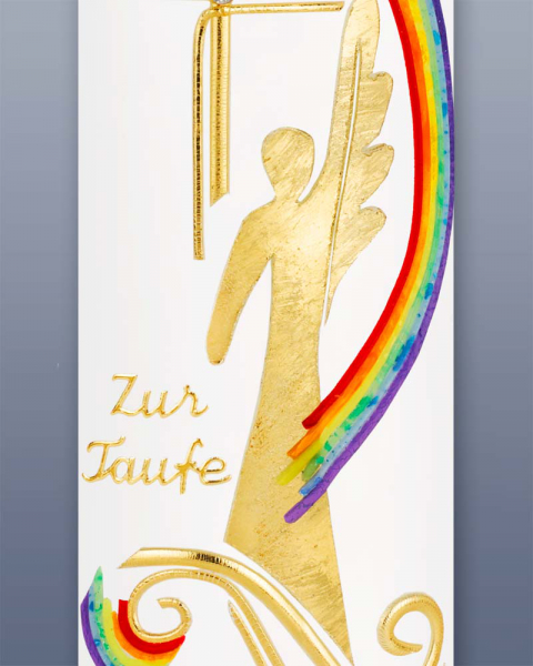 Taufkerze Engel Gold + Regenbogen 265 x 60 mm