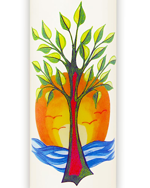 Kerze 70 x 200 mm Lebensbaum und Sonne m. Wasser