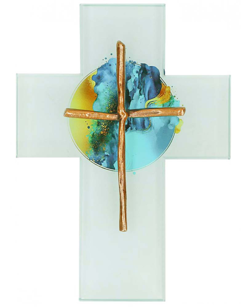 Glaskreuz farbig bedruckt mit Kreuz aus Bronze