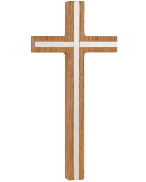 Holzkreuz Eiche, 10 x 22 cm mit silberfarbiger Einlage