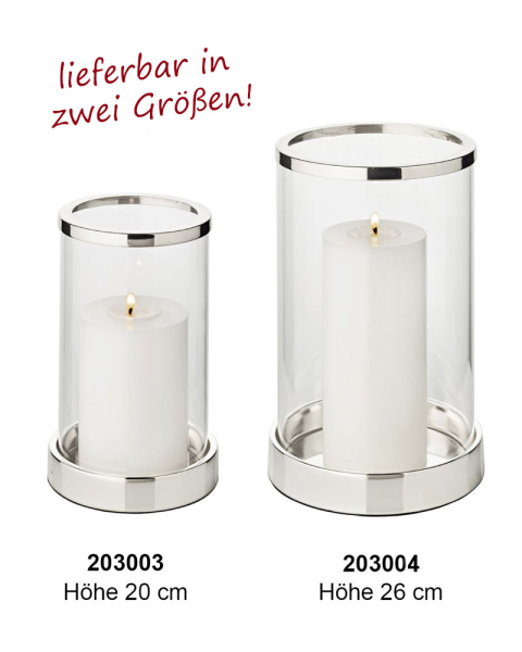 Windlicht 26 cm hoch solider Sockel aus Stahl versilbert